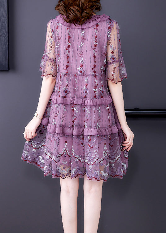 Stylish Purple V Neck Patchwork Lace Up Tulle a Line Dress Short Sleeve