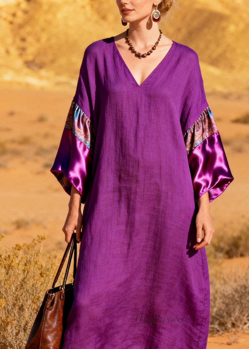 Stylish Purple V Neck Silk Patchwork Linen Dresses Summer
