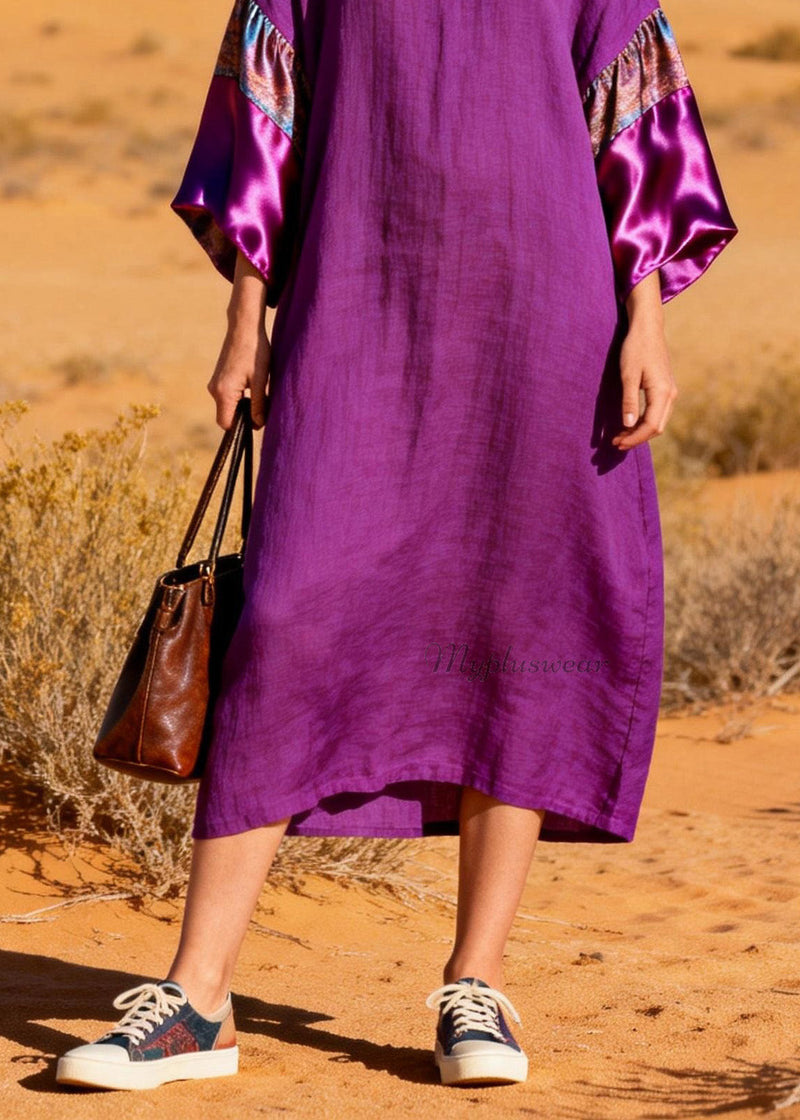 Stylish Purple V Neck Silk Patchwork Linen Dresses Summer