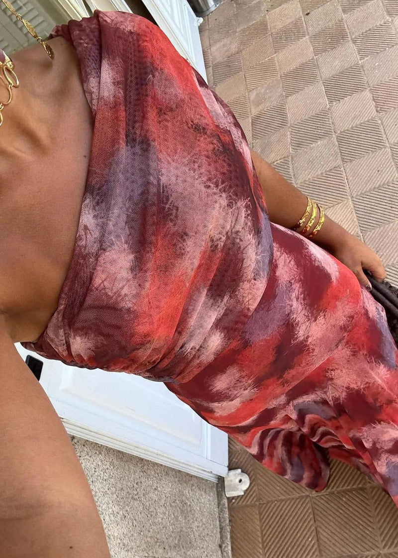 Stylish Red Cold Shoulder Print Tulle Long Dress Summer