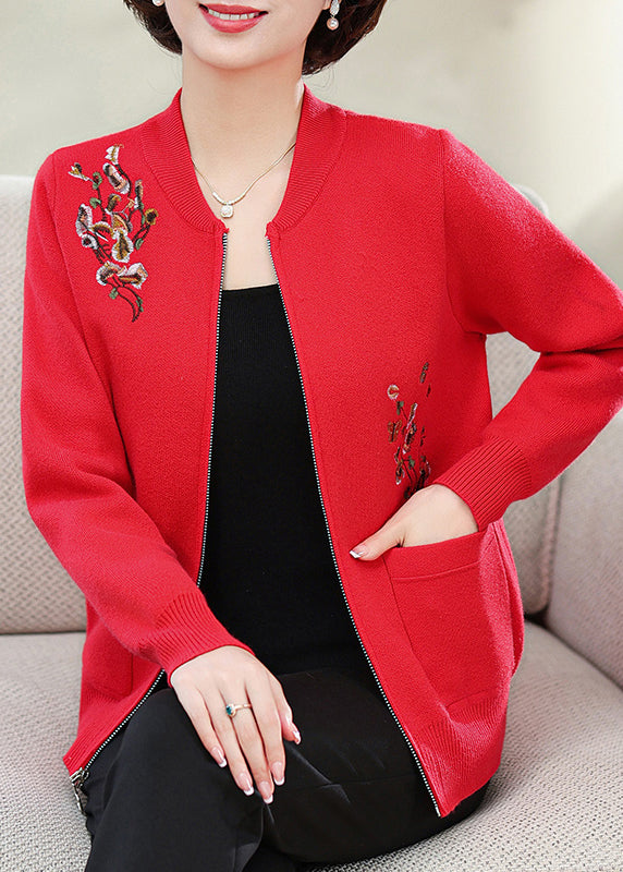 Stylish Red Embroidered Pockets Cotton Knit Coats Spring