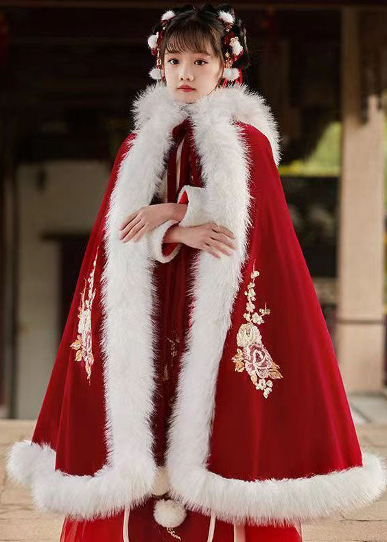Stylish Red Embroideried Fuzzy Fur Fluffy Hooded Cloak and Long Dress Two Pieces Set Long Sleeve