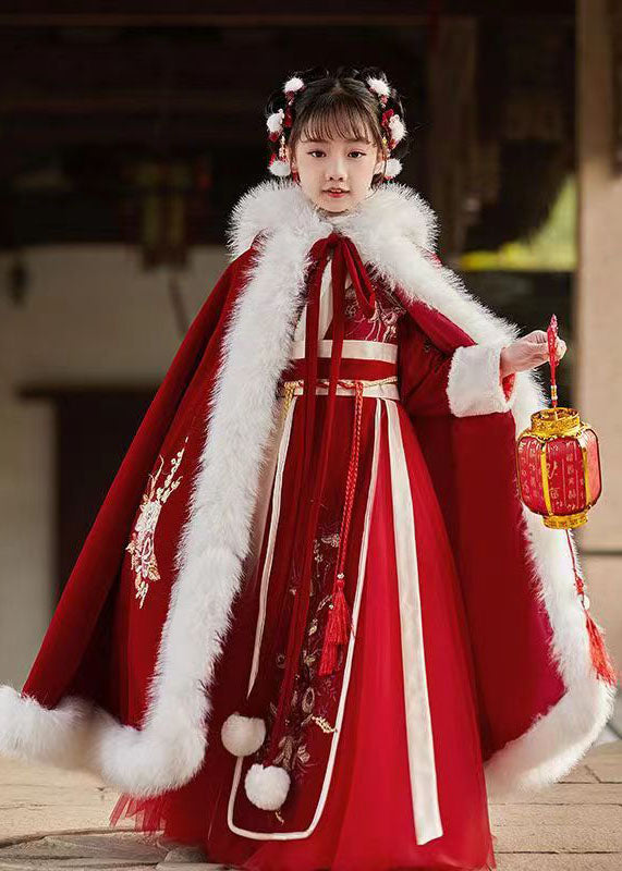 Stylish Red Embroideried Fuzzy Fur Fluffy Hooded Cloak and Long Dress Two Pieces Set Long Sleeve