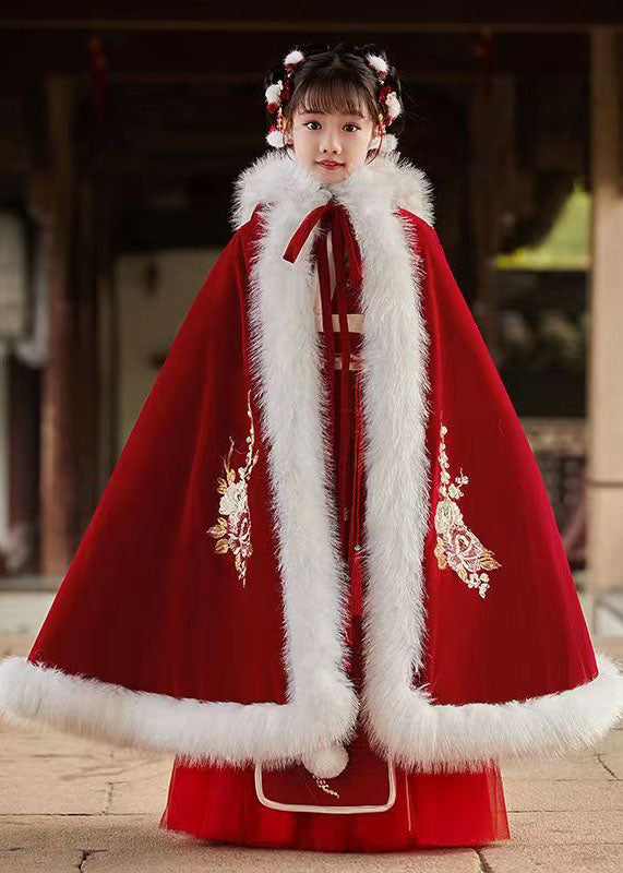 Stylish Red Embroideried Fuzzy Fur Fluffy Hooded Cloak and Long Dress Two Pieces Set Long Sleeve