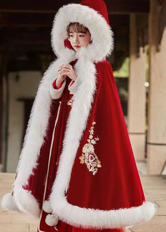 Stylish Red Embroideried Fuzzy Fur Fluffy Hooded Cloak and Long Dress Two Pieces Set Long Sleeve
