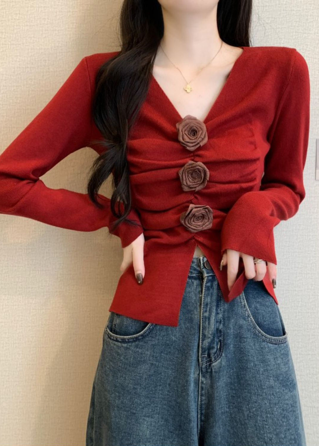 Stylish Red Wrinkled Knit Sweater Spring