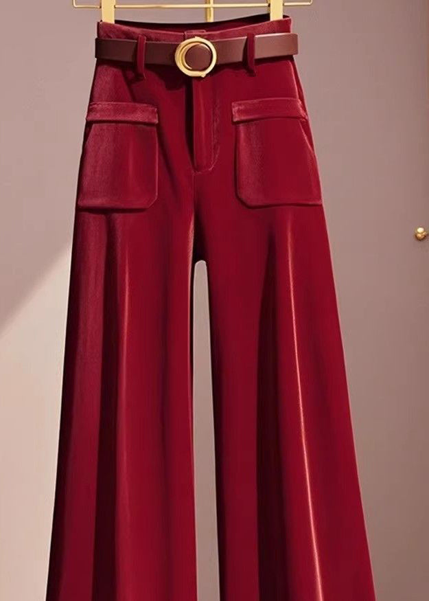 Stylish Red Hign Neck Knit Sweaters and Velvet Pants Two Piece Set Spring
