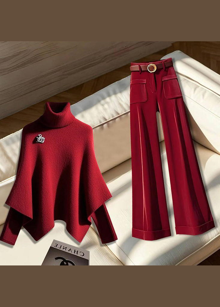Stylish Red Hign Neck Knit Sweaters and Velvet Pants Two Piece Set Spring