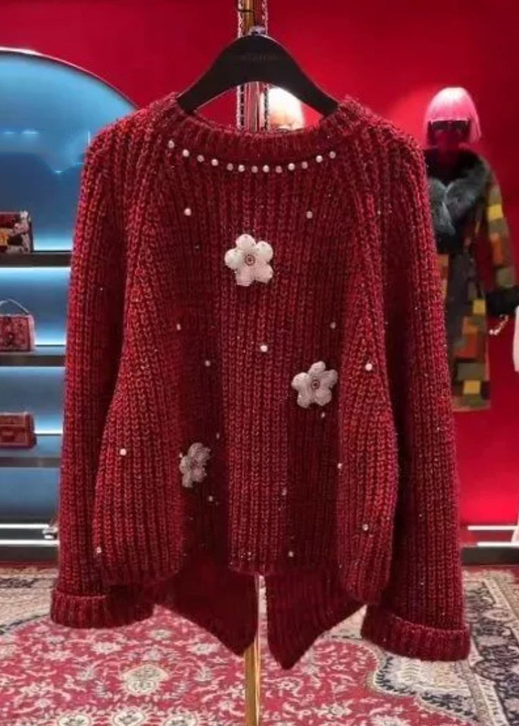 Stylish Red O-neck Nail Bead Thick Cotton Knit Sweater Tops Spring