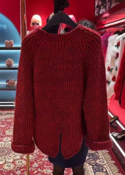 Stylish Red O-neck Nail Bead Thick Cotton Knit Sweater Tops Spring