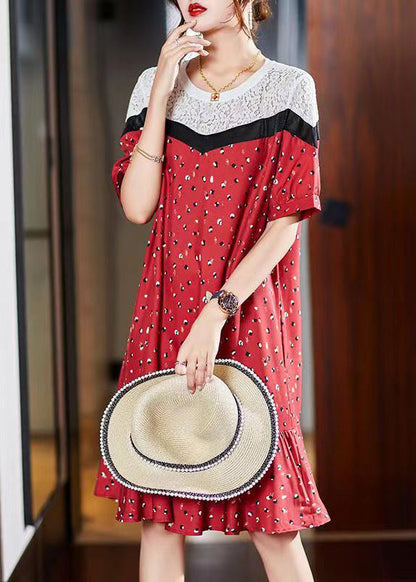 Stylish Red O-neck Lace Patchwork Long Dress Short Sleeve