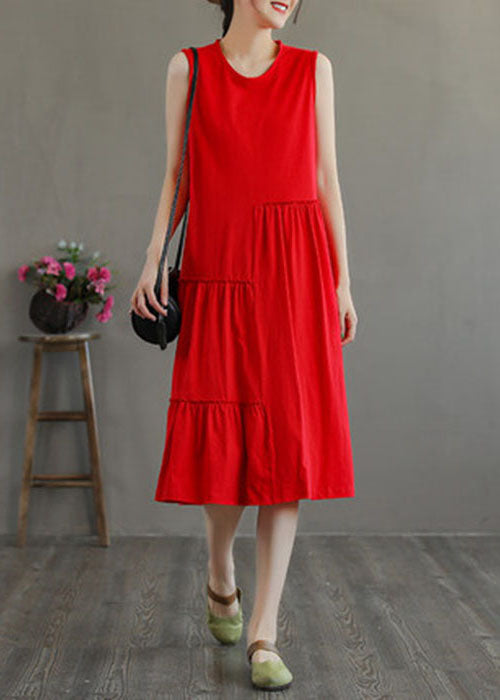 Stylish Red O-neck Patchwork Cotton Party Dress Sleeveless