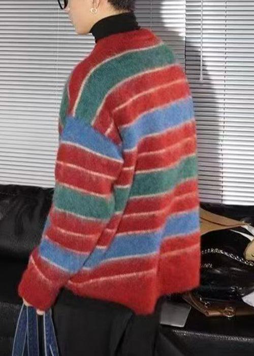 Stylish Red O Neck Striped Cozy Knit Sweaters Winter