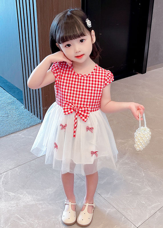 Stylish Red Plaid O Neck Bow Patchwork Tulle Baby Dress Summer