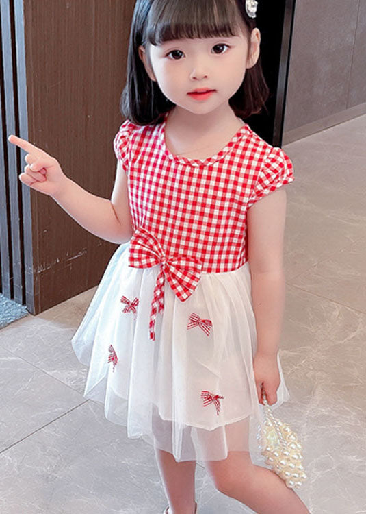 Stylish Red Plaid O Neck Bow Patchwork Tulle Baby Dress Summer