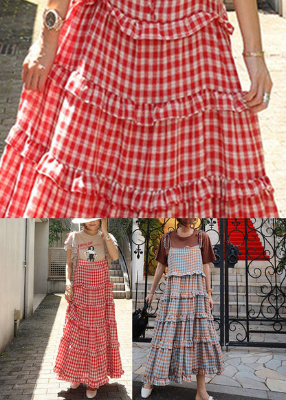 Stylish Red Plaid Slash Neck Button Layered Dresses Sleeveless