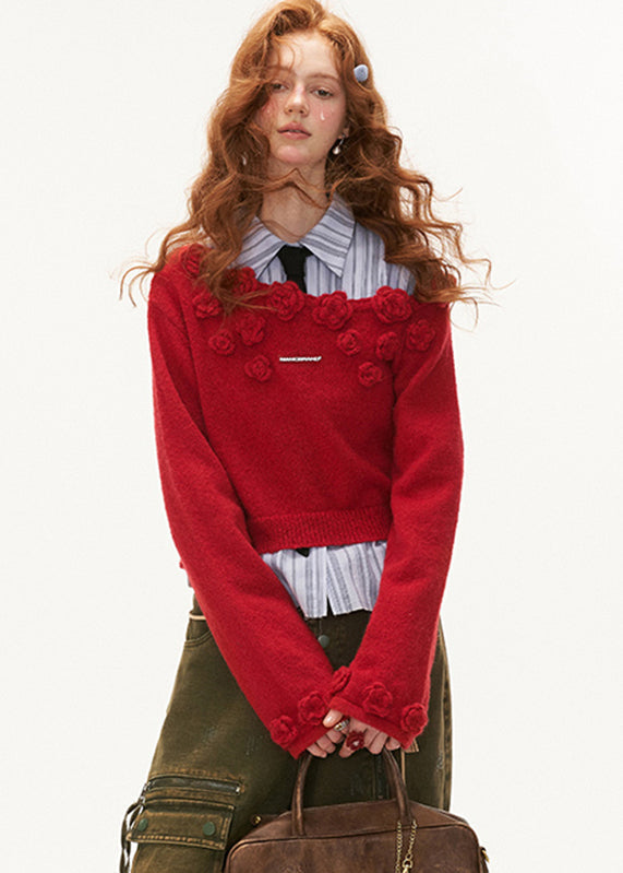 Stylish Red Rose Cotton Knit Sweater Tops Winter