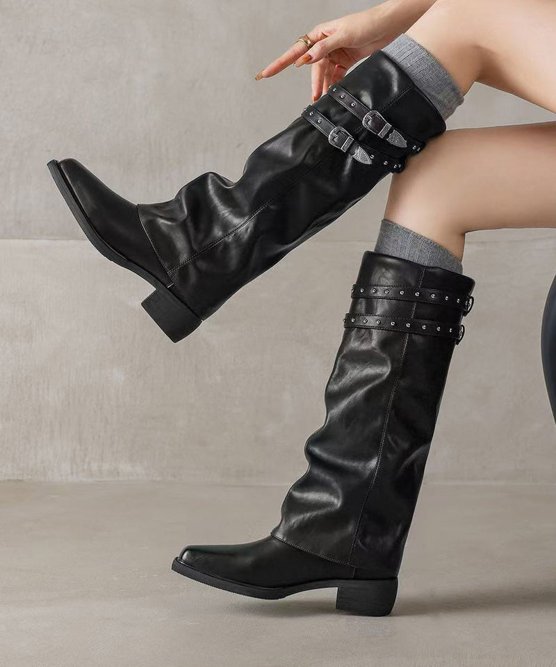 Stylish Rivet Splicing Chunky Boots Black Faux Leather