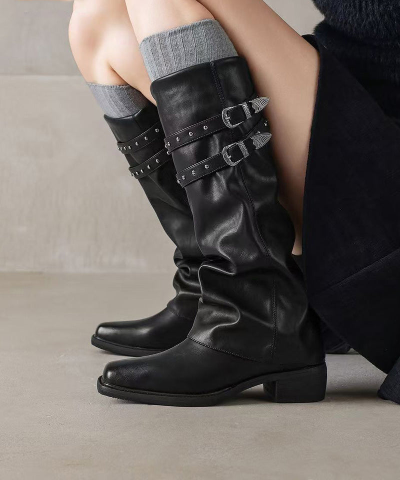 Stylish Rivet Splicing Chunky Boots Black Faux Leather