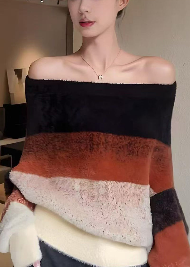 Stylish Slash Neck Striped Cozy Patchwork Knit Sweaters Winter