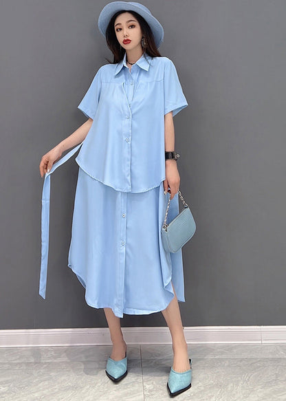 Stylish Blue Peter Pan Collar Patchwork Chiffon Fake Two Piece Shirt Dresses Short Sleeve