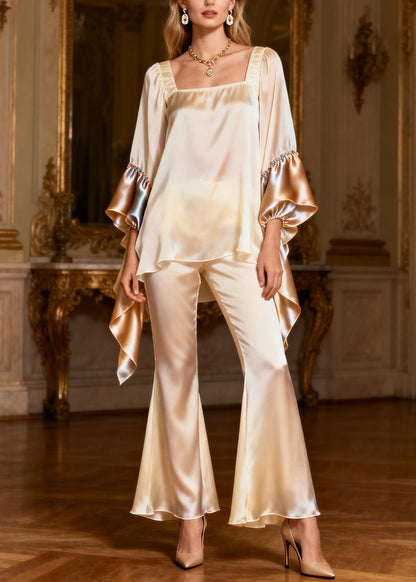 Stylish Square Collar Patchwork Silk Two Pieces Set Spring
