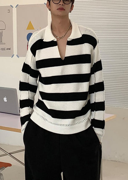 Stylish Striped Peter Pan Collar Hollow Out Knit Sweaters Fall