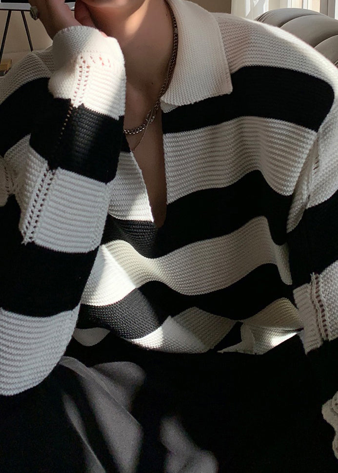 Stylish Striped Peter Pan Collar Hollow Out Knit Sweaters Fall