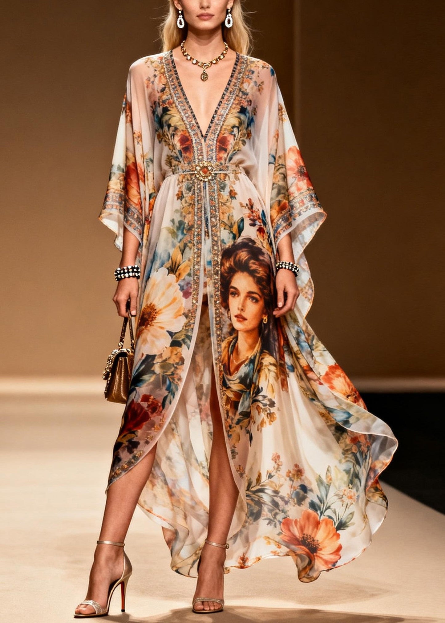 Stylish V Neck Asymmetrical Print Zircon Chiffon Dress Summer