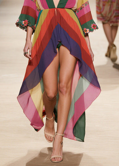 Stylish V Neck Low High Design Chiffon Dresses Summer