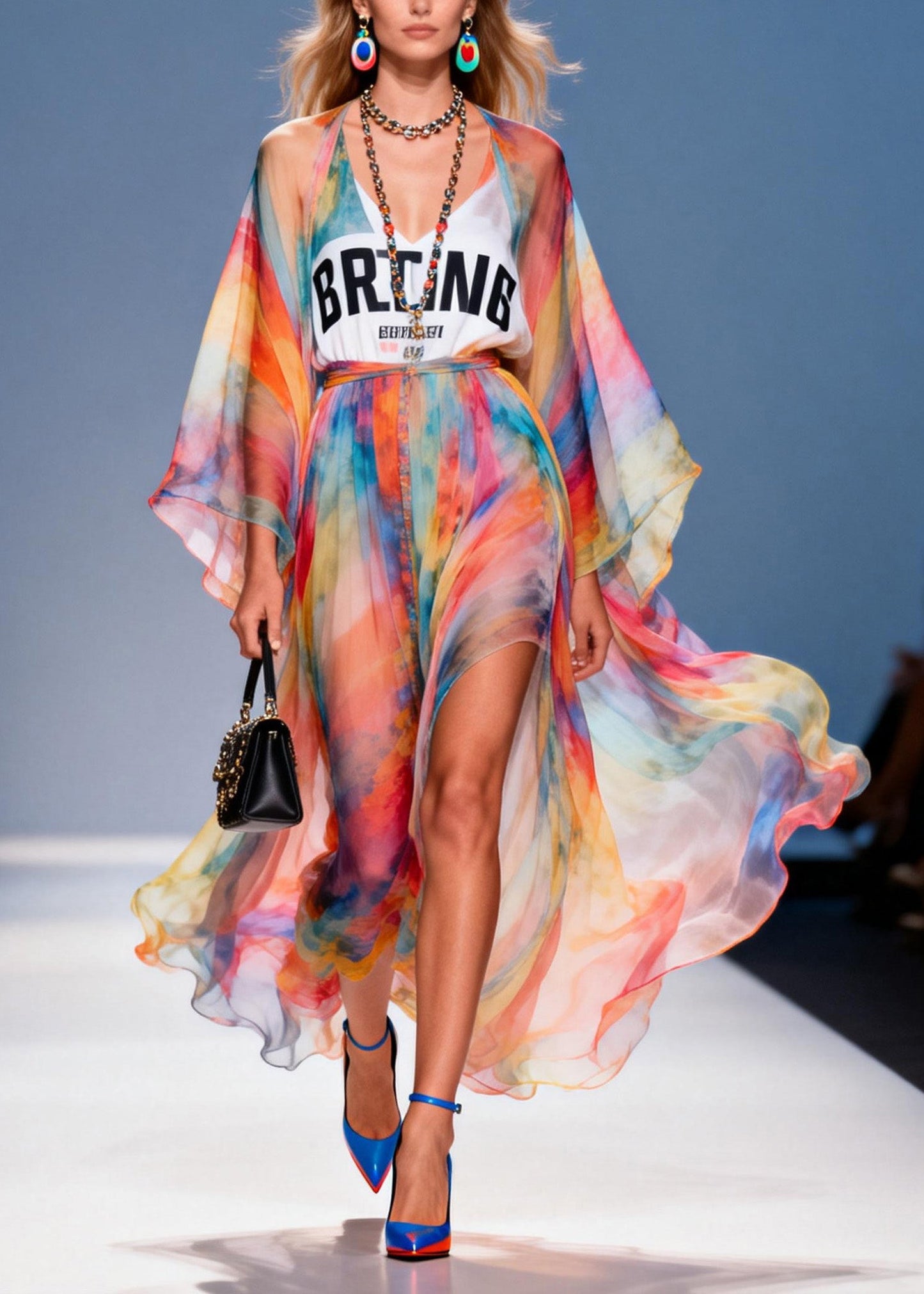 Stylish V Neck Print Patchwork Chiffon Dresses Summer