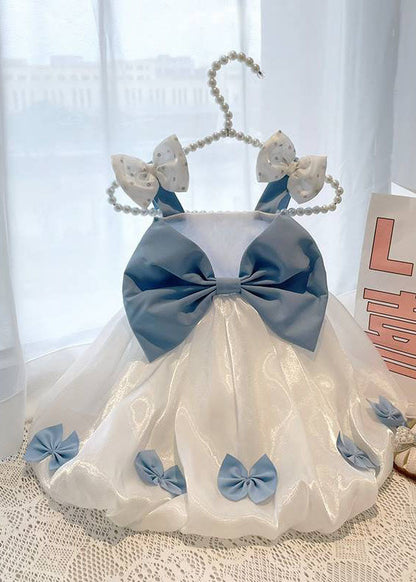 Stylish White Bow Patchwork Tulle Kids Long Dress Sleeveless