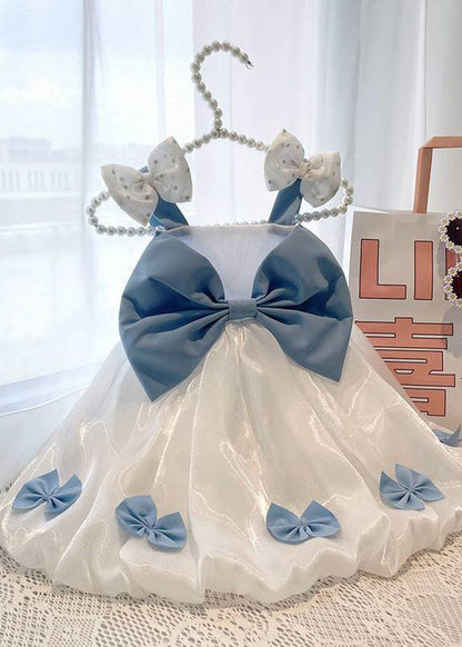 Stylish White Bow Patchwork Tulle Kids Long Dress Sleeveless