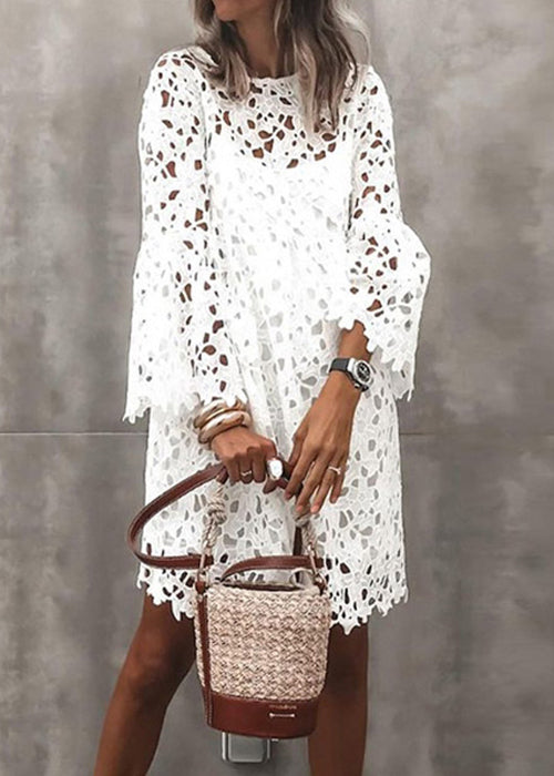 Stylish White Hollow Out Lace Mid Dresses Flare Sleeve