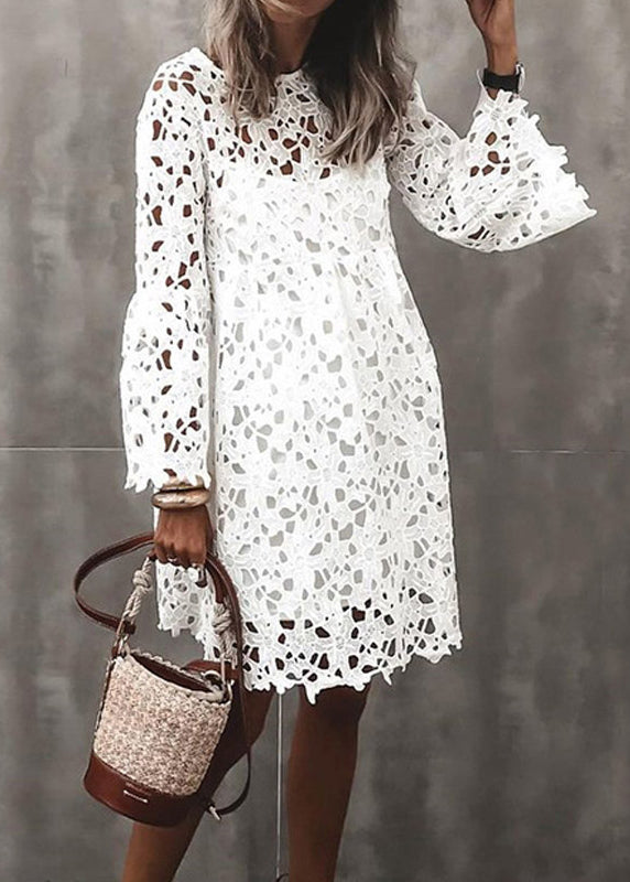 Stylish White Hollow Out Lace Mid Dresses Flare Sleeve