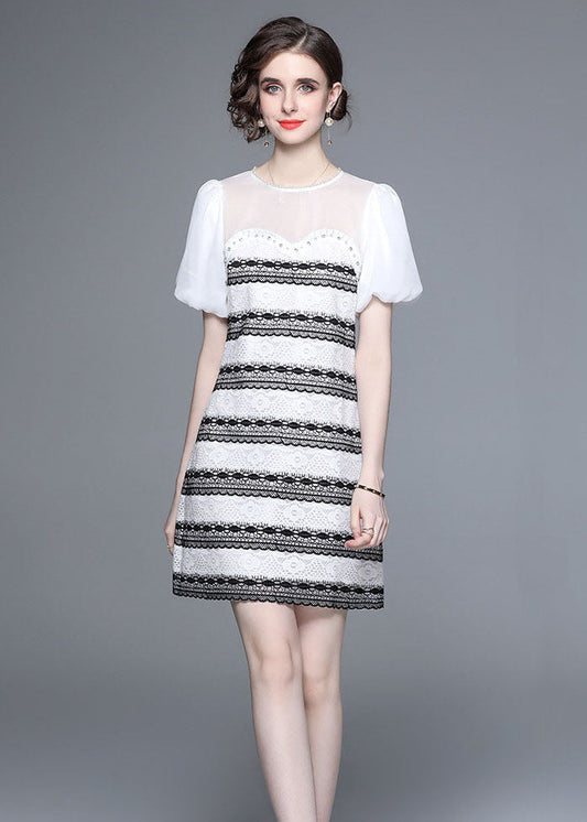 Stylish White O-neck Zircon Tulle Patchwork Lace Mid Dress Summer