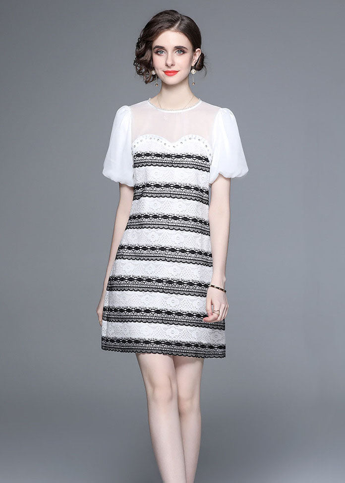 Stylish White O-neck Zircon Tulle Patchwork Lace Mid Dress Summer