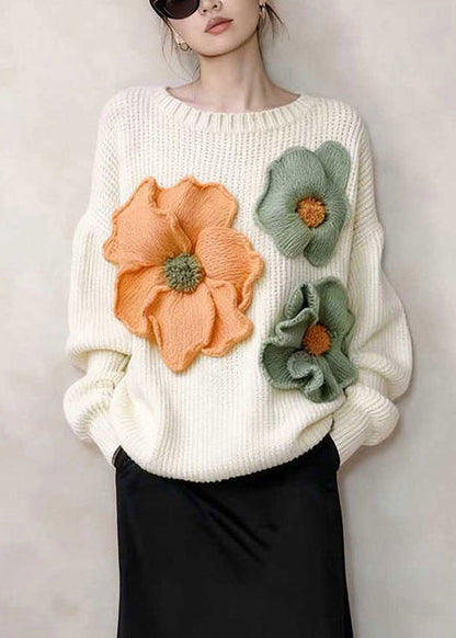 Stylish White Oversized Decorated Knitted Tops Winter