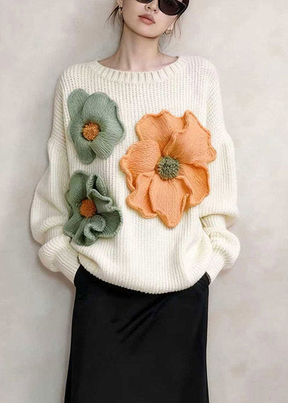 Stylish White Oversized Decorated Knitted Tops Winter