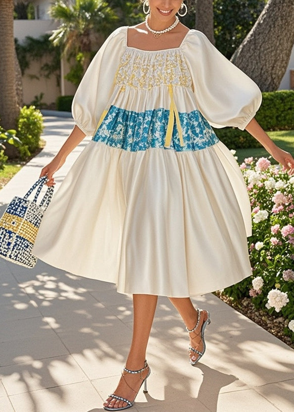 Stylish White Oversized Patchwork Satin Holiday Dress Puff Sleeve