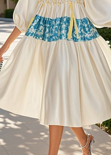 Stylish White Oversized Patchwork Satin Holiday Dress Puff Sleeve