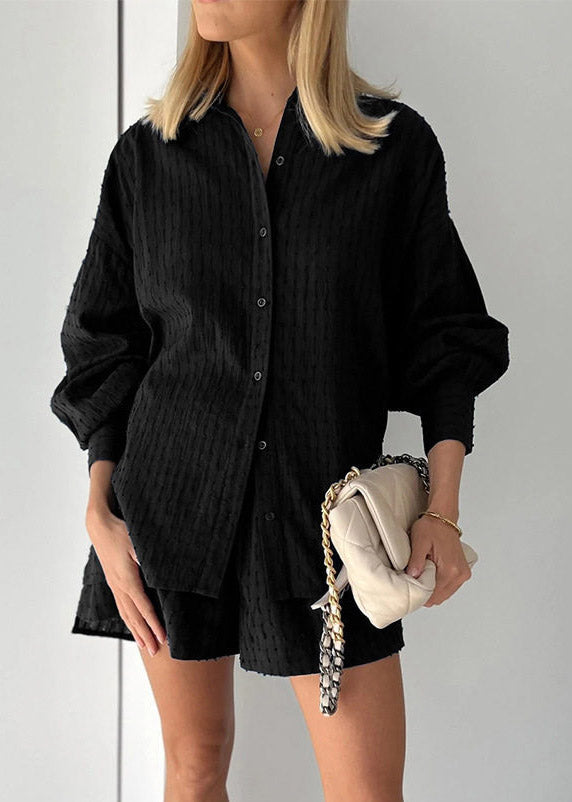 Stylish White Peter Pan Collar Striped Shirts and Shorts Two Pieces Set Lantern Sleeve