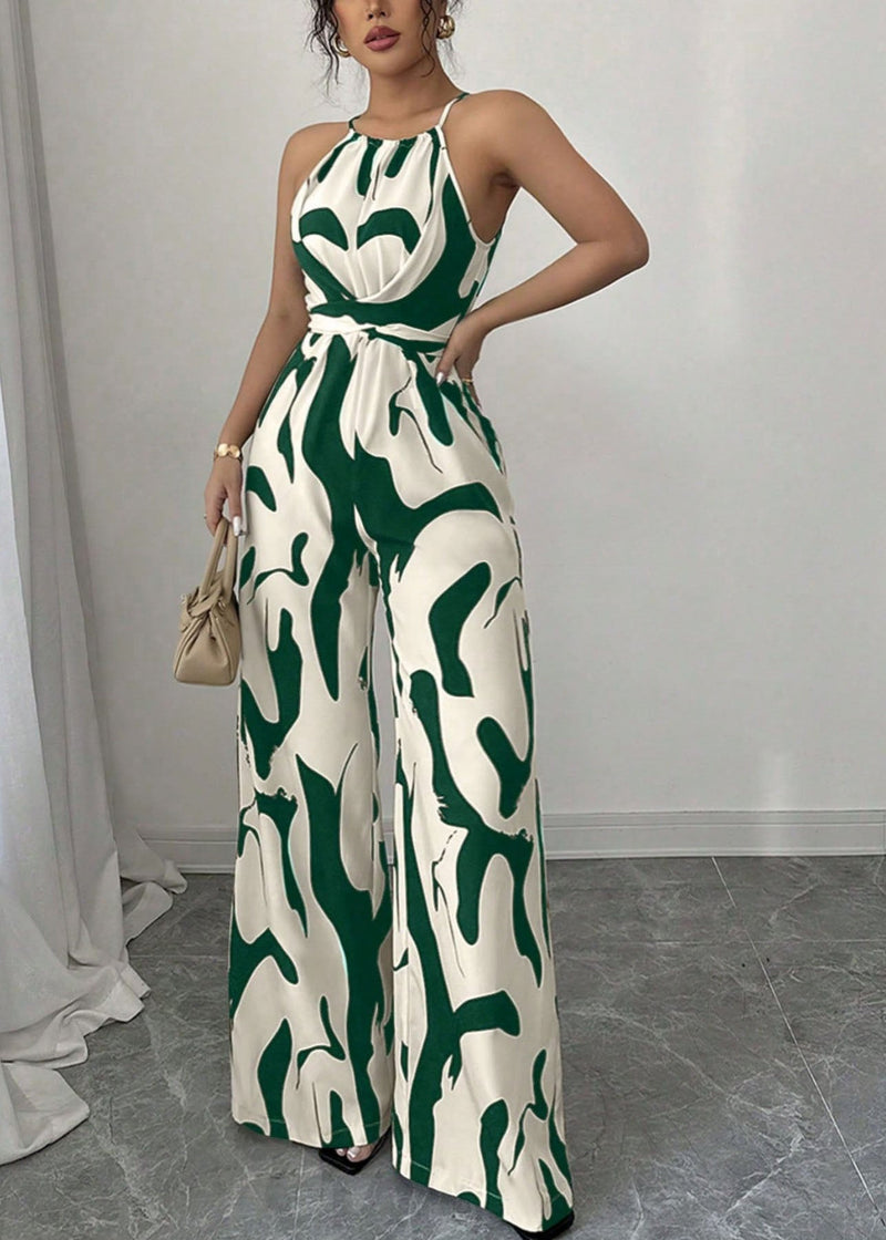 Stylish White Print Lace Up Cotton Jumpsuits Sleeveless