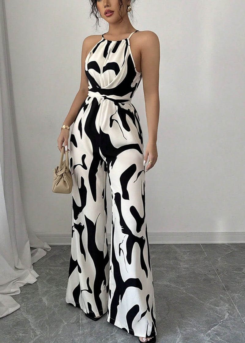 Stylish White Print Lace Up Cotton Jumpsuits Sleeveless