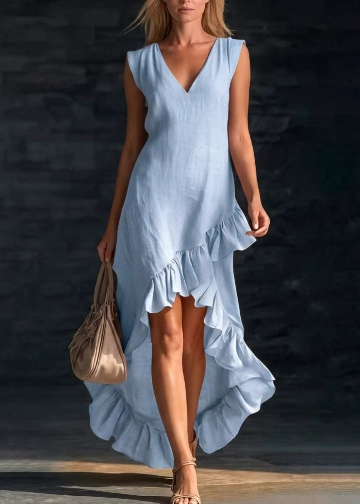 Stylish White V Neck Ruffled Patchwork Cotton Dresses Summer