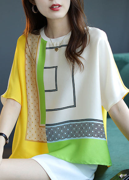 Stylish Yellow O Neck Geometric Print Chiffon Blouse Top Summer