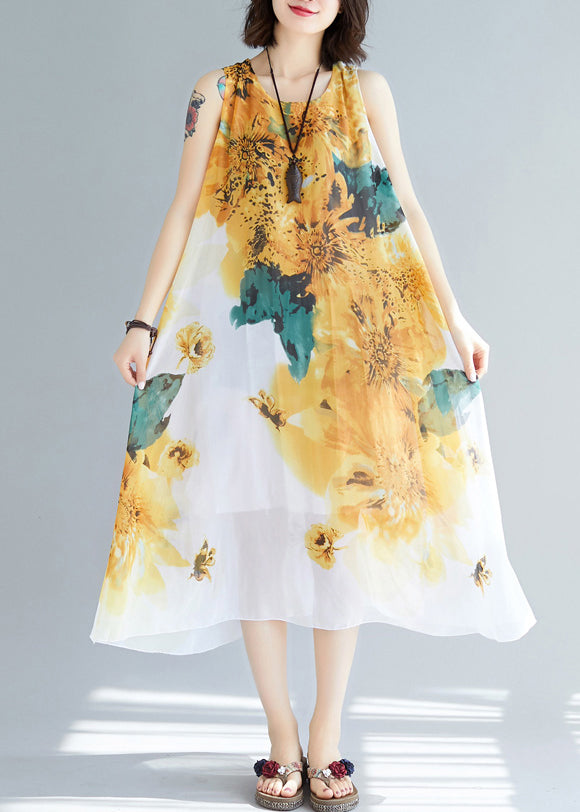 Stylish Yellow O-neck Print Chiffon Dresses Sleeveless