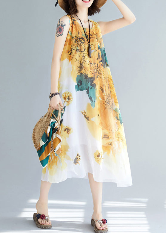 Stylish Yellow O-neck Print Chiffon Dresses Sleeveless
