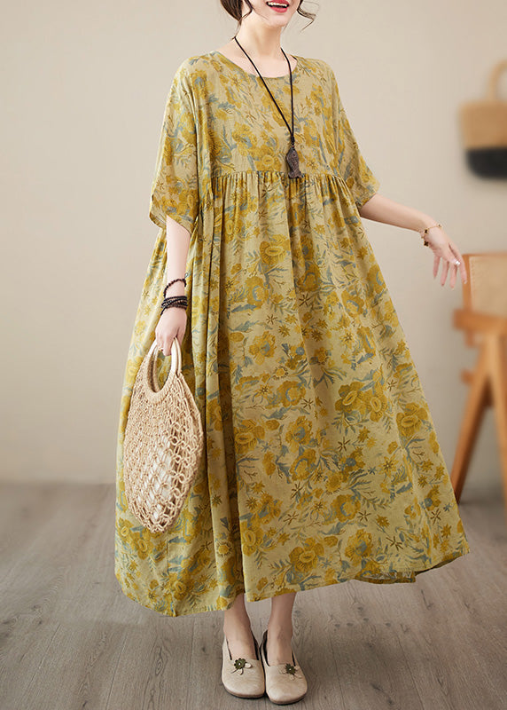 Stylish Yellow O-neck Print Chiffon Vacation Long Dress Short Sleeve