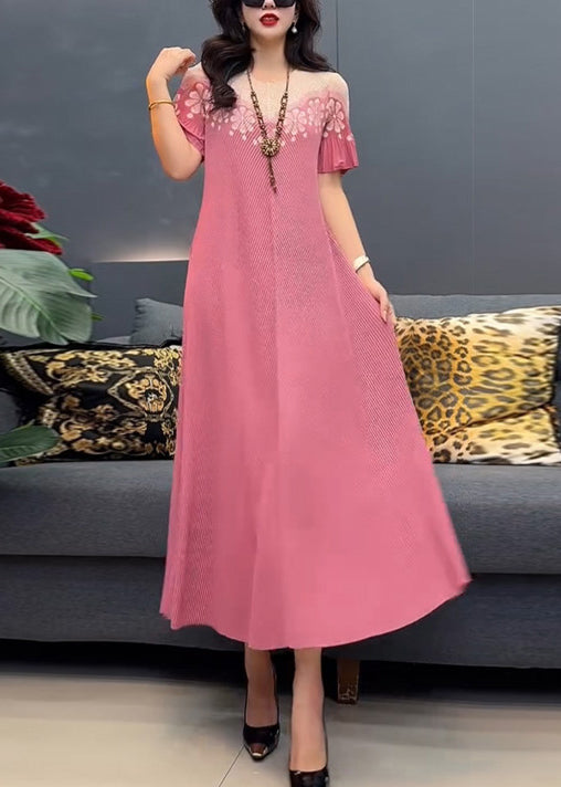 Stylish Yellow O-neck Print Cotton Long Dress Summer